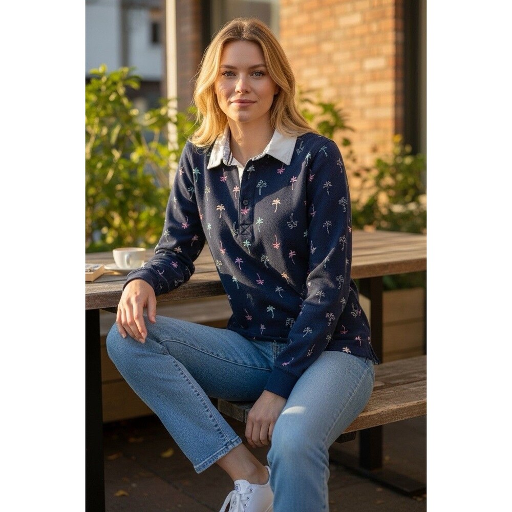 Crown & Ivy Women’s Navy Blue Rugby Polo Top Size s Graphic Palms Tre Coastal